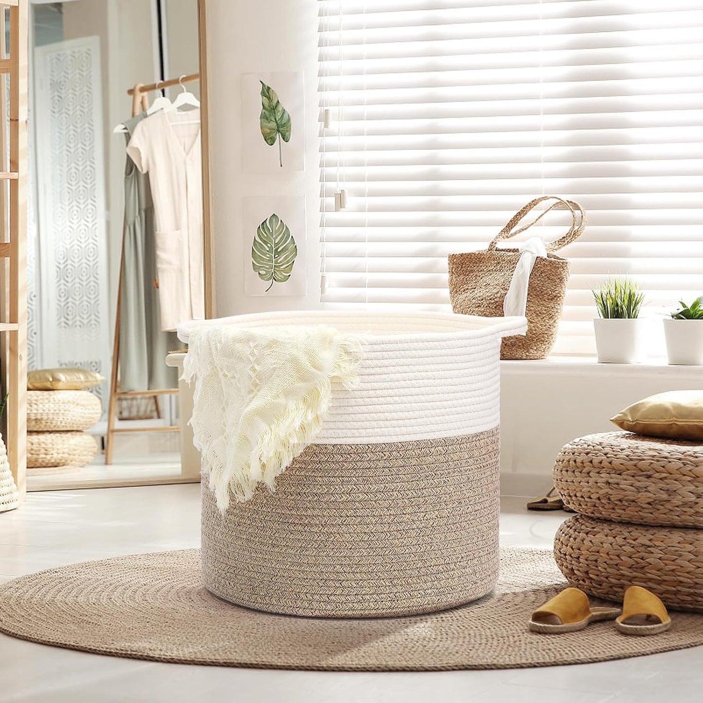 Laundry Hamper, Pure Cotton Rope Woven Basket for Dirty Clothes, 15.5 * 13.5 inches-40L White & Brown Mixed