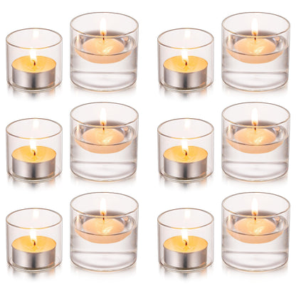 Glasseam Glass Votive Candle Holders - Clear Set of 12, Mini Floating Tea Lights for Wedding Centerpieces, Christmas Party Decorations, 1.6"+2