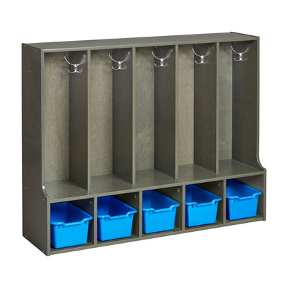ECR4Kids Streamline 5-Section Coat Locker with Bench and Scoop Front Storage Bins, Toddler Size, Grey Wash, Classroom Furniture, Blue