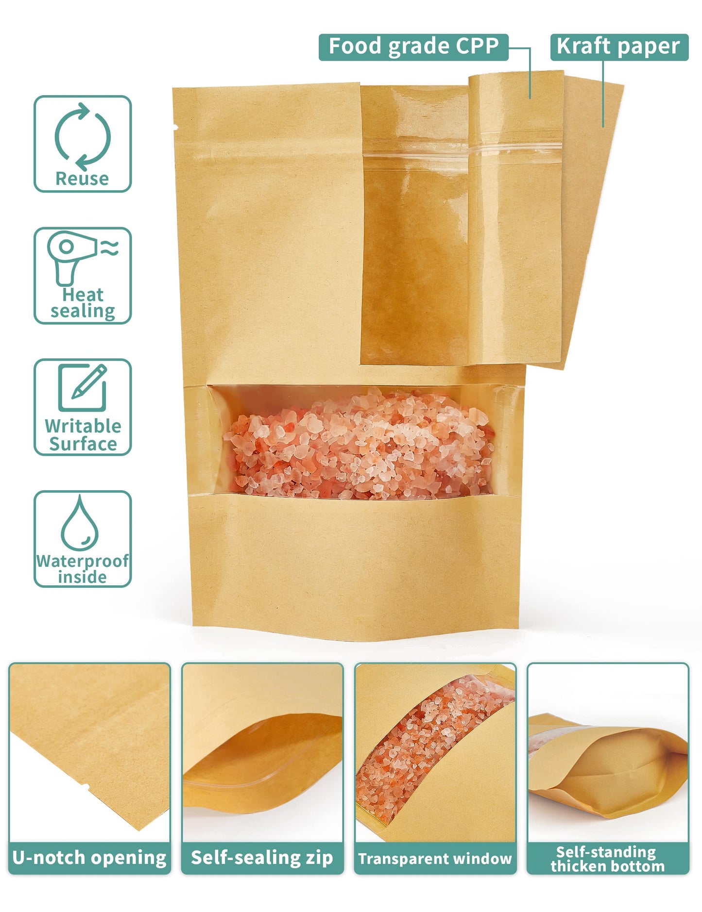 FireKylin 100 Pcs Brown Paper Bags with Window, 7.9" x 11.8" Stand Up Pouches Bags, Zipper Food Storage Bags for Packaging Products, Reusable, Sealable