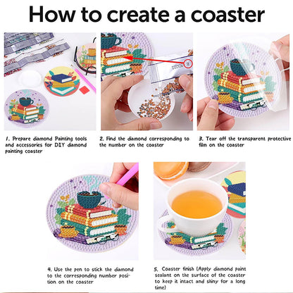 8 Pcs Book Diamond Art Coasters Kit - DIY 5D Diamond Painting Coasters with Holder, Mini Diamonds Arts Kits for Adults Coaster with Cork Pads, Gem Arts Dots Painting Crafts Supplies for Home Decor