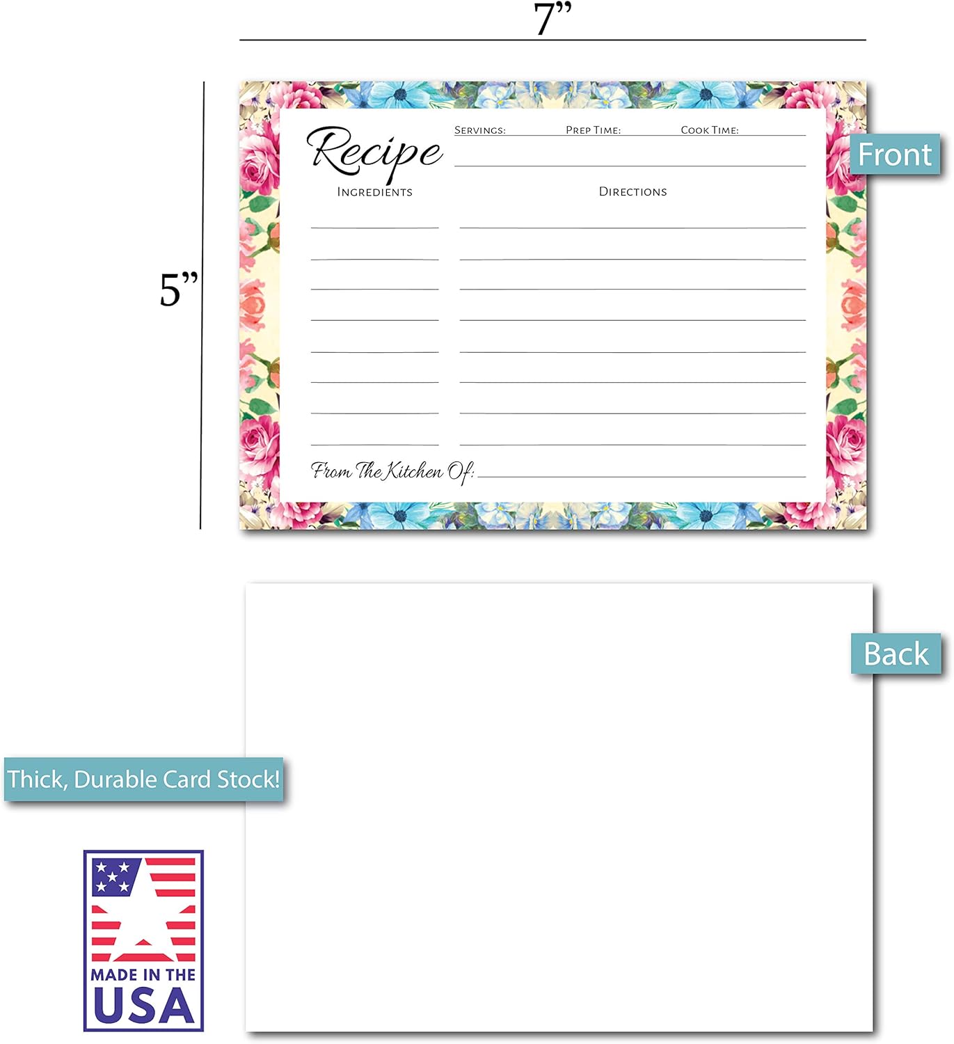 Pioneer Woman Style Floral Recipe Cards (50 Pcs) - Perfect for Bridal Shower, Blank Back Notecards
