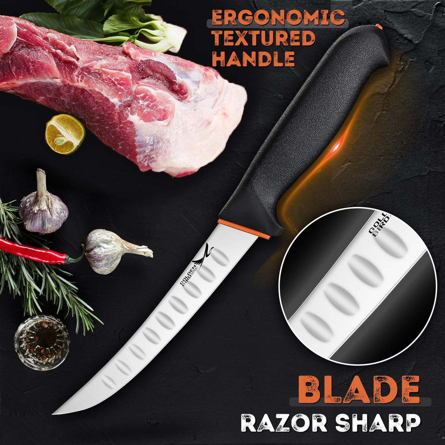 Golden Bird Professional Boning Knife - 6 Inch Stainless Steel Fillet for Meat Cutting, Multifunction Butcher, Granton Edge Breaking, Razor Sharp Chef Knife, Gifts for Men Women