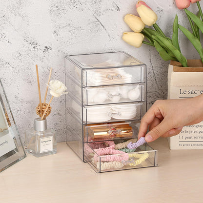 BTSKY Clear Acrylic Storage Organizer with Drawers, 5-Layer Desktop Organizer for Office Essentials, Multi-Purpose Stackable Container for Bathroom Vanity, Desk Makeup Jewelry Container Storage Box