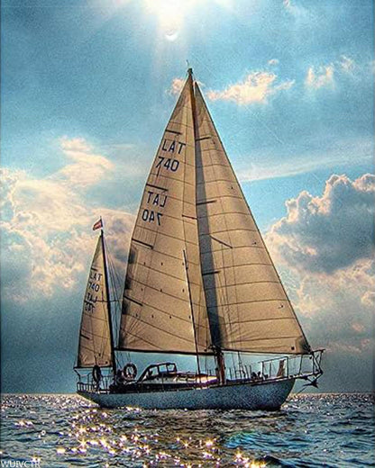 WUIVCTR DIY Oil Painting, Painted by The Adult's Digital Set Sparkling Lake Sailing Boat,16''x20''