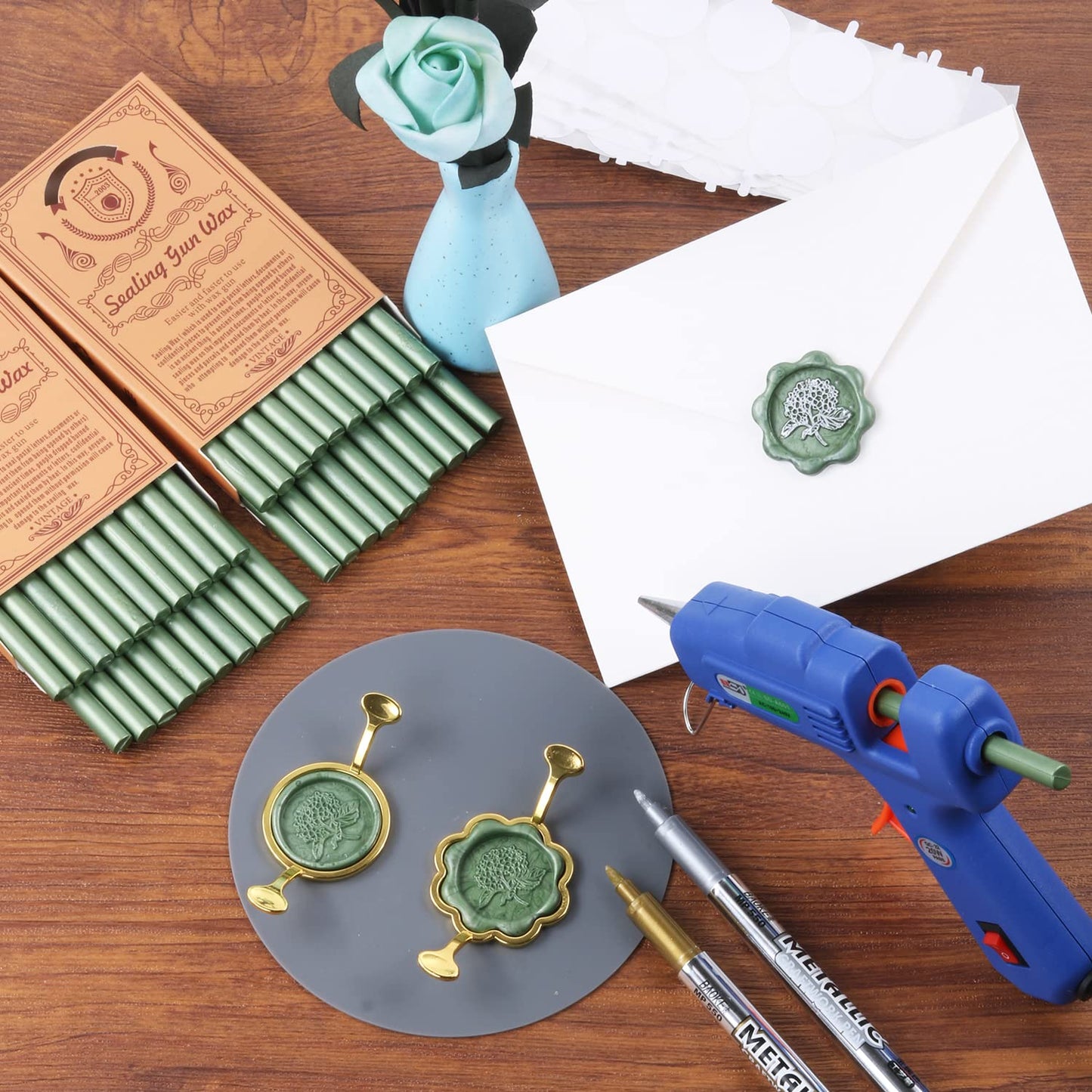 Wax Seal Kit, WASOHLING 40Pcs Pine Green Sealing Wax Sticks with Glue Gun, Wax Seal Molds, Silicone Waxing Mat, Marker Pens, Premium Kit for Wedding Invitations Envelopes Cards (Pine Green)