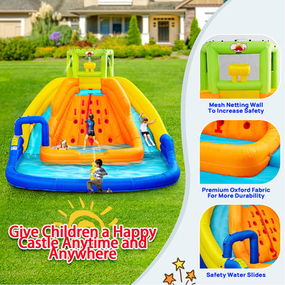 WELLFUNTIME Inflatable Water Slide, Bounce House with Water Bucket, Deep Pool, Climbing Wall with Rope, Bouncy Castle with Air Blower