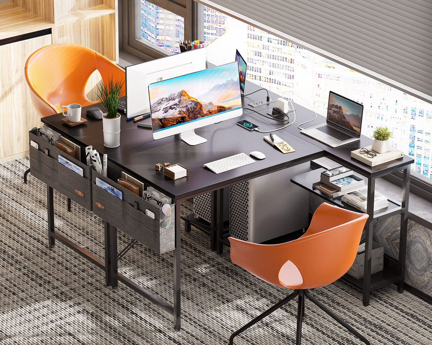 ODK 40 Inch Small L Shaped Gaming Computer Desk with Power Outlets, Reversible Storage Shelves & PC Stand for Home Office, Simple Writing Study Table with Storage Bag for Small Space, Black