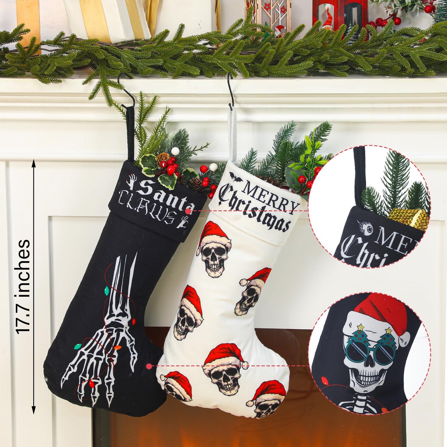 Kinlop 6 Pcs Black and White Gothic Christmas Stocking 17 Inches Goth Xmas Stockings Skeleton Hand Santa Claus Hanging Ornament for Christmas Tree Candy Gift Storage Bags Holiday Fireplace Party Decor