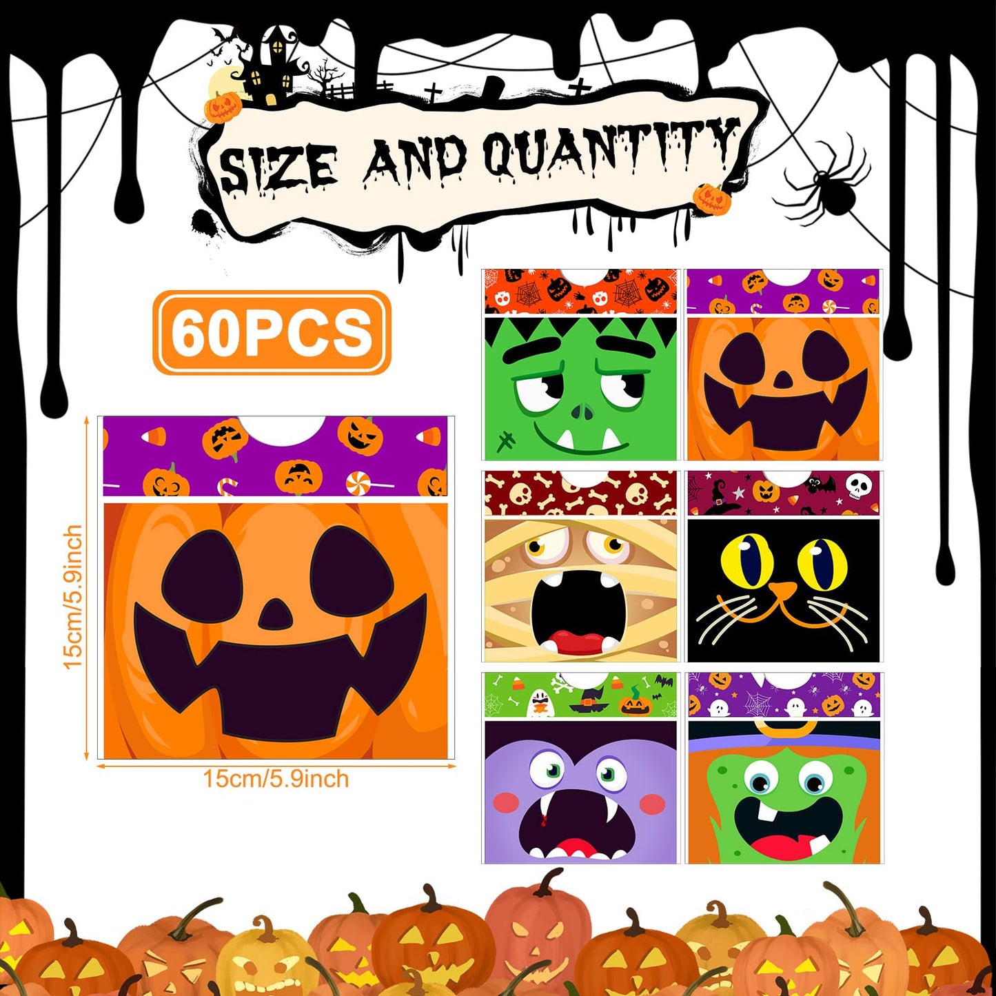 Funnymoom 60 Pcs Halloween Party Favors Bags Drawstring Treat Bags Candy Goodie for Kids Trick Plastic Party Gift for Halloween Birthday Supplies