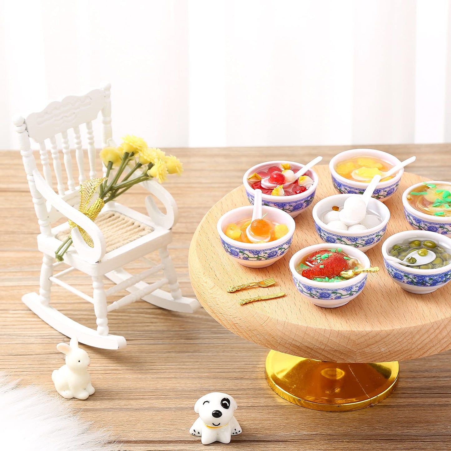 10 Pieces Mini Toy Food Miniatures Chinese Play Food Blue and White Pottery Sweet Soup Syrup Noodle Bowls for Kitchen Dollhouse Accessories