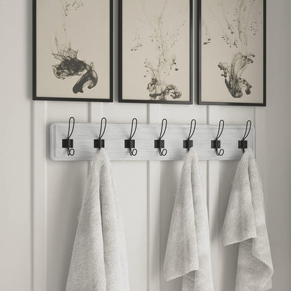 HBCY Creations Whitewash Solid Wood Wall Mounted Coat Rack with Shelf, 7 Hooks, 34" Long for Kitchen, Mudroom, Entryway