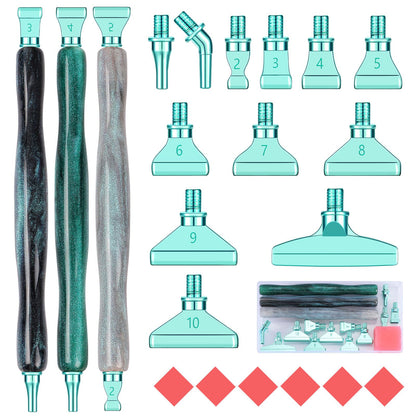 Snewvie Diamond Painting Pen Accessories Tools Set,3PCS Glitter Diamond Art Pen and 12Pcs Green Metal Screw Thread Multi Placer Tips,Resin Diamond Painting Drill Pens for DIY Diamond Art