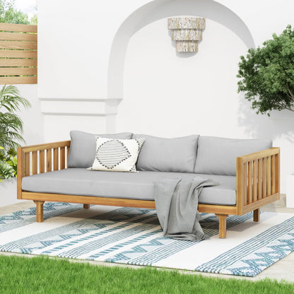 Merax Solid Acacia Wood Couch Chaise Lounge Chair Indoor, 3 Seater Daybed Sofa Couches with Cushions & Pillow, Heavy Frame Day Bed for Living Room, Office, Outdoor, Balcony, Patio, Water Resistant