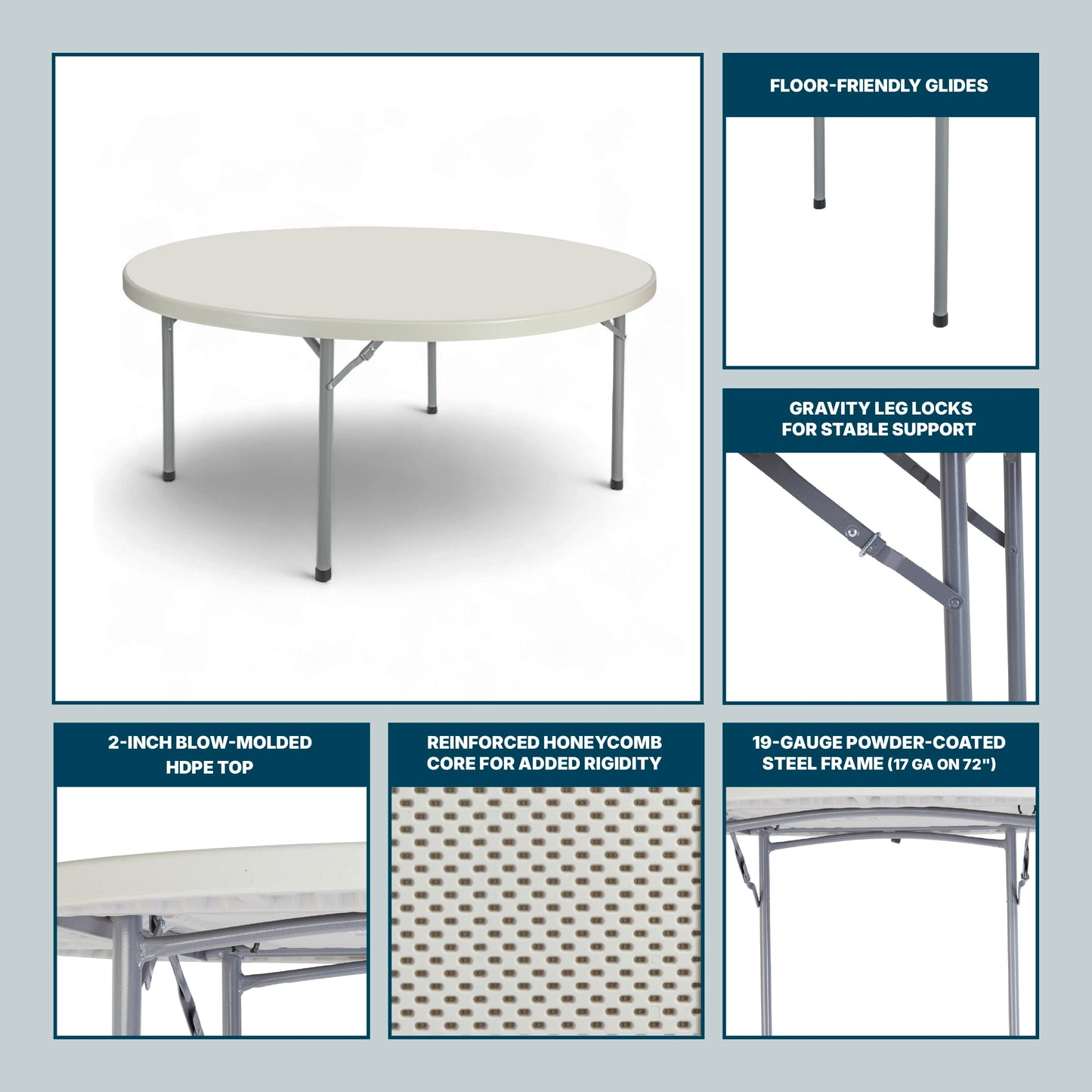 OEF Furnishings OEFBT60R Round Commercial-Grade Premium Industrial Folding Table, Heavy-Duty Blow-Molded Design with Thick Top and 17-Gauge Steel Frame (60" Diameter, Speckled Gray Top)