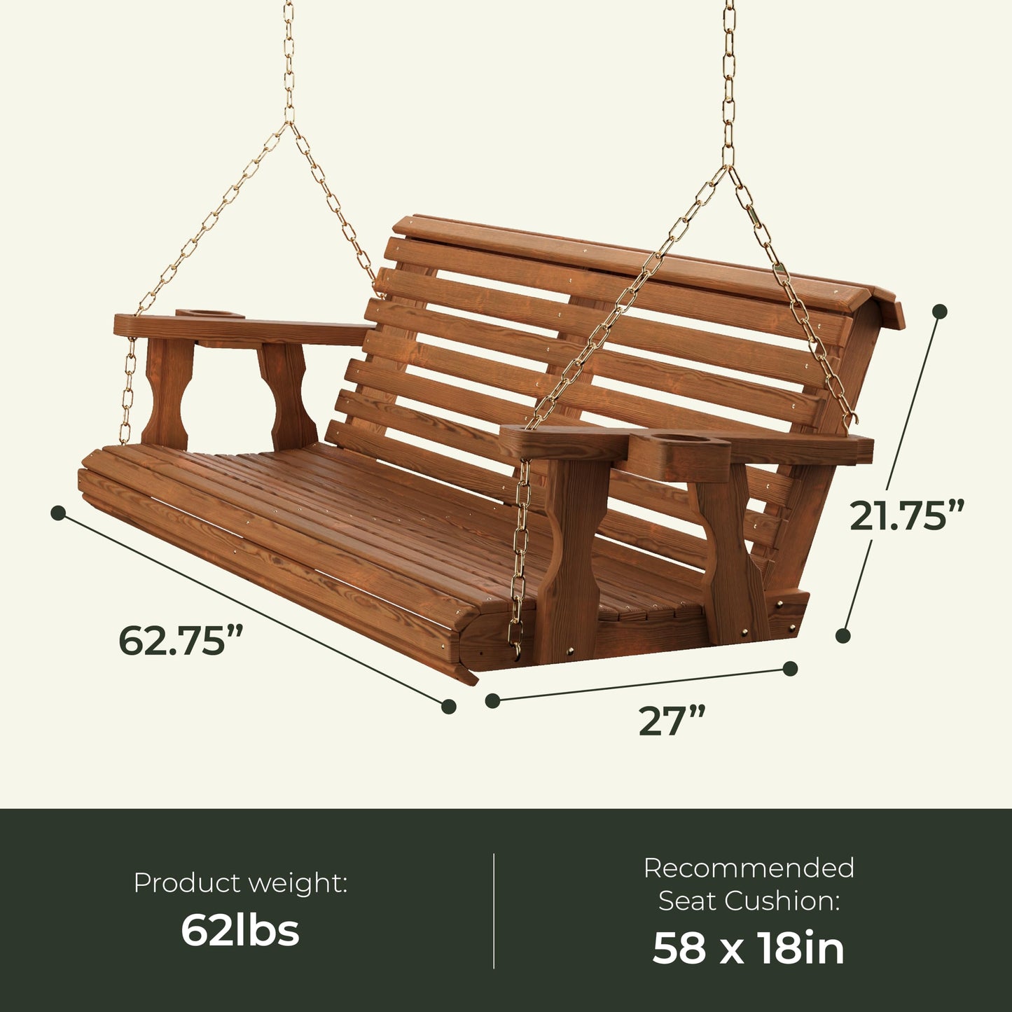 Amish Casual Heavy Duty 700 Lb Capacity Porch Swing with Cup Holders (4 Foot, Oak Stain) – Wooden Outdoor Roll Back Swing with Hanging Chains – Amish Made in the USA