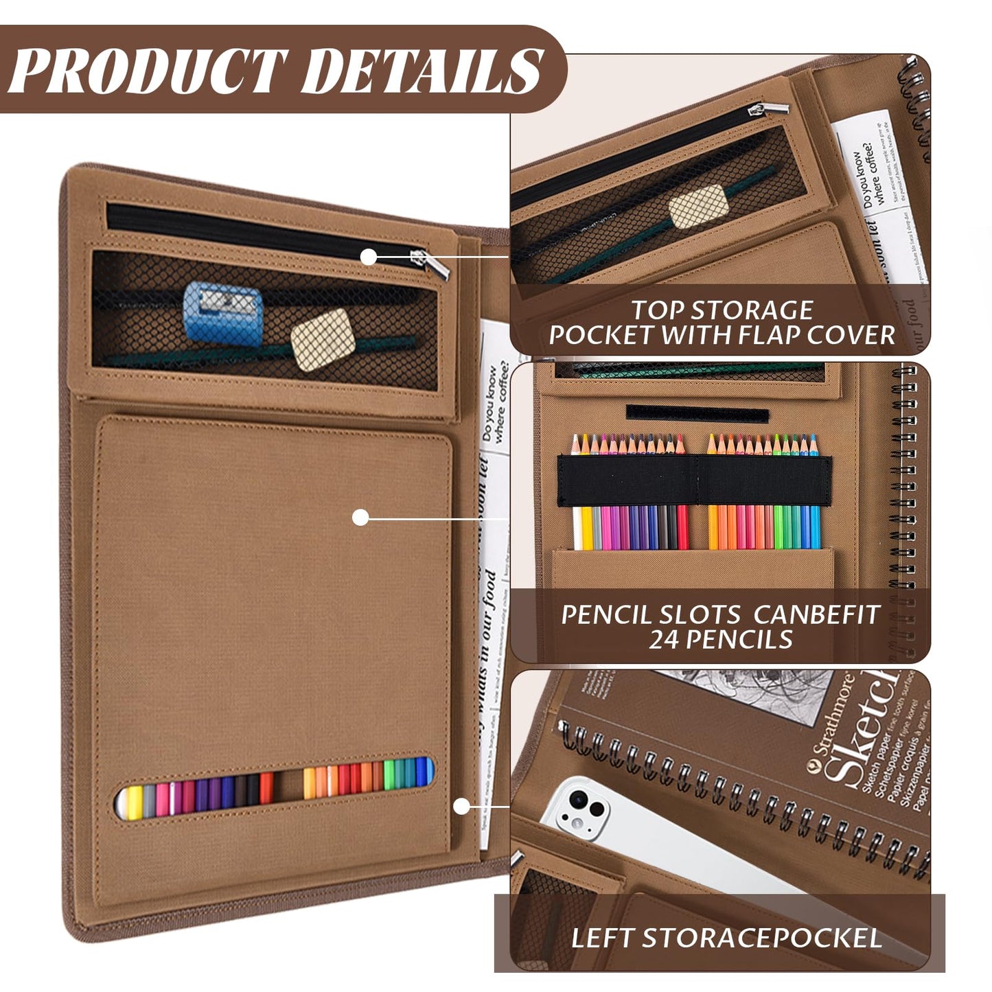 Plinyvel Leather Sketchbook Cover for 9x12 - Travel Portfolio Case with Storage, Holds Large Sketch Book & Spiral Pad | All-in-One Artist Organizer with Pencil Holder (Brown)