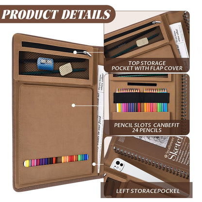 Plinyvel Leather Sketchbook Cover for 9x12 - Travel Portfolio Case with Storage, Holds Large Sketch Book & Spiral Pad | All-in-One Artist Organizer with Pencil Holder (Brown)