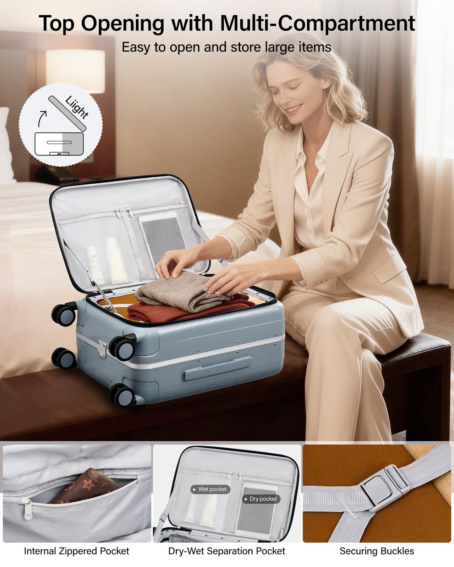 Hanke 26 Inch Large Checked Luggage PC Hard Shell Luggage Top Opening Travel Luggage Suitcases with Wheels for Woman Men.(Grey)