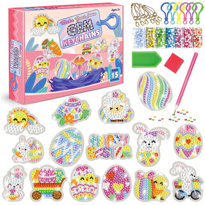 Inbagi 15 Pcs Easter Diamond Painting Keychains 5D Easter Egg Full Drill Making Key Chains Key Ring Diamond Art Keychains Pendant DIY Diamond Decorative Accessories for Easter Holiday(Cute Style)