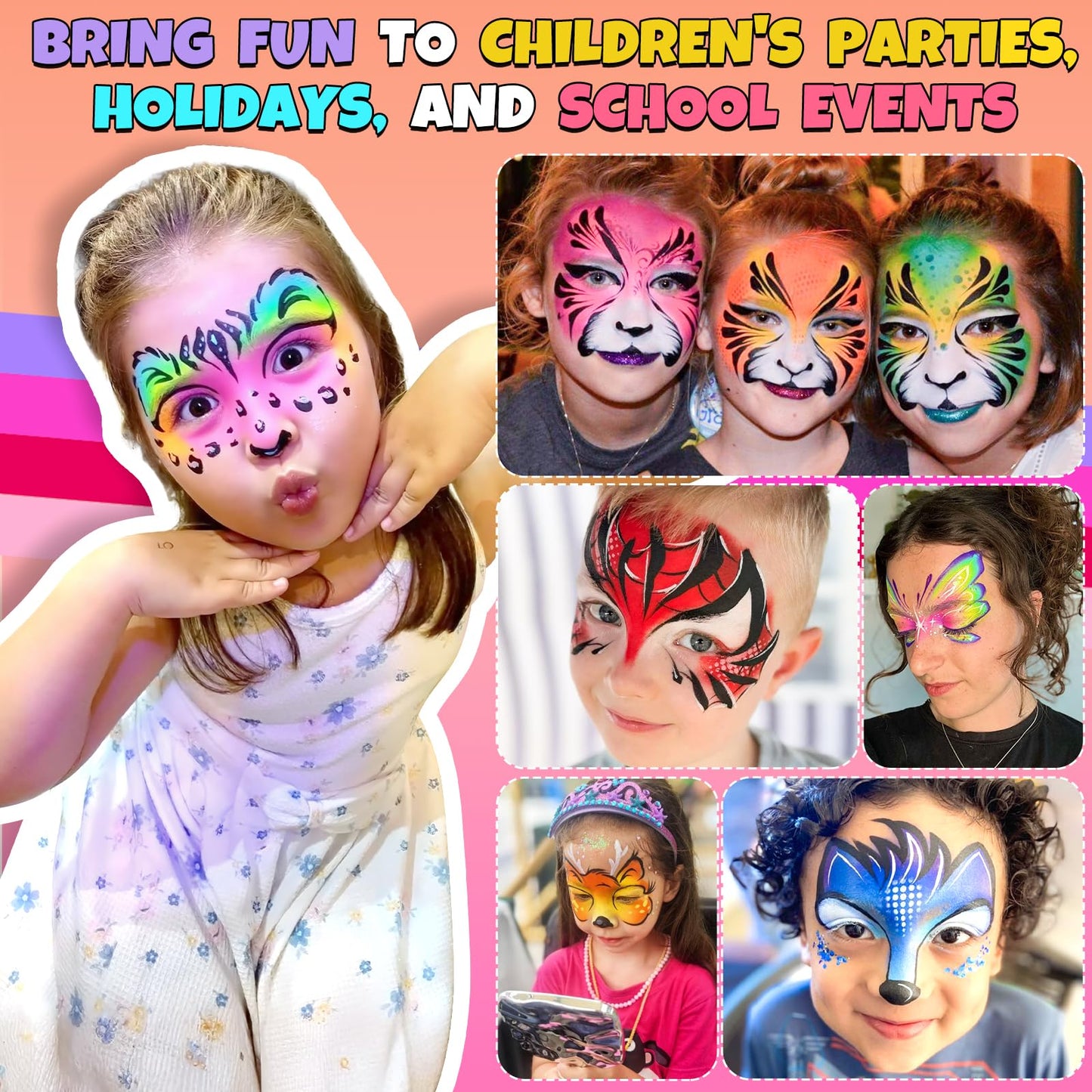 Drawdart Professional Face Painting Kit for Kids Adults, Large Split Cake Face Paint Palette with Glitters, One Stroke Non-Toxic Rainbow Face Body Makeup Kit for Festival, Party & Cosplay Makeup