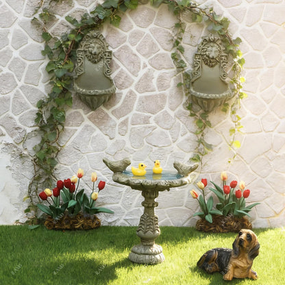 iLAND 1/12 Scale Garden Accessories Outdoor Miniature Birdbath Fountain & 2 Lion Wall Reliefs Mini Ornaments for Garden Dollhouse Décor Dollhouse Accessories