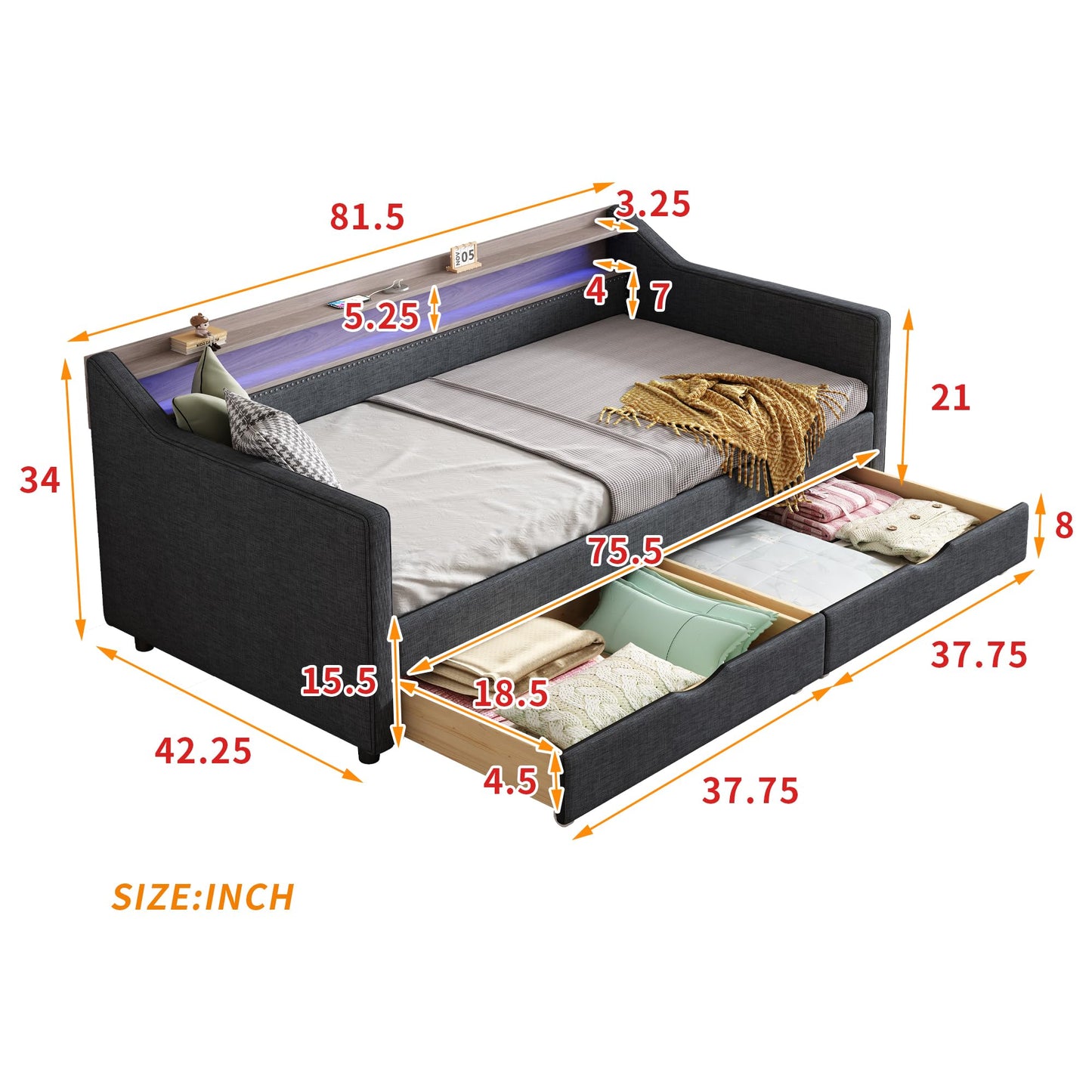 Ball & Cast Twin Size Daybed with Storage,Linen Upholstered Day Bed with 2 Drawers, Daybed Frame with USB Port and Smart LED Light,Wood Slat Support,No Box Spring Needed,Dark Grey
