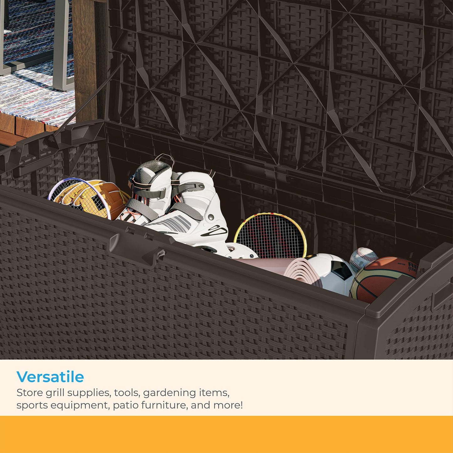 Suncast DBW9200 99 Gallon Outdoor Wicker resin Patio Storage Chest Bin with Handles for Patio, Garden, Garage, or Pool for All Weather, Mocha