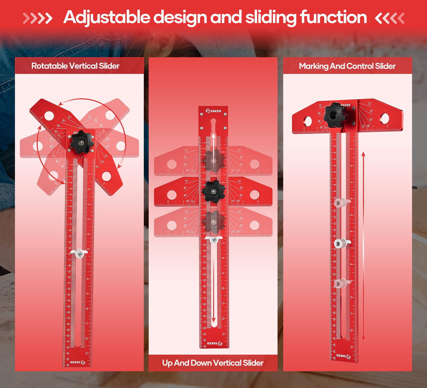 Saker Woodworking Scriber Marking Line Ruler, Adjustable Aluminum Alloy Sliding T-Square Ruler,Precision Line Drawing aid Ruler with Angle Adjustment Scale