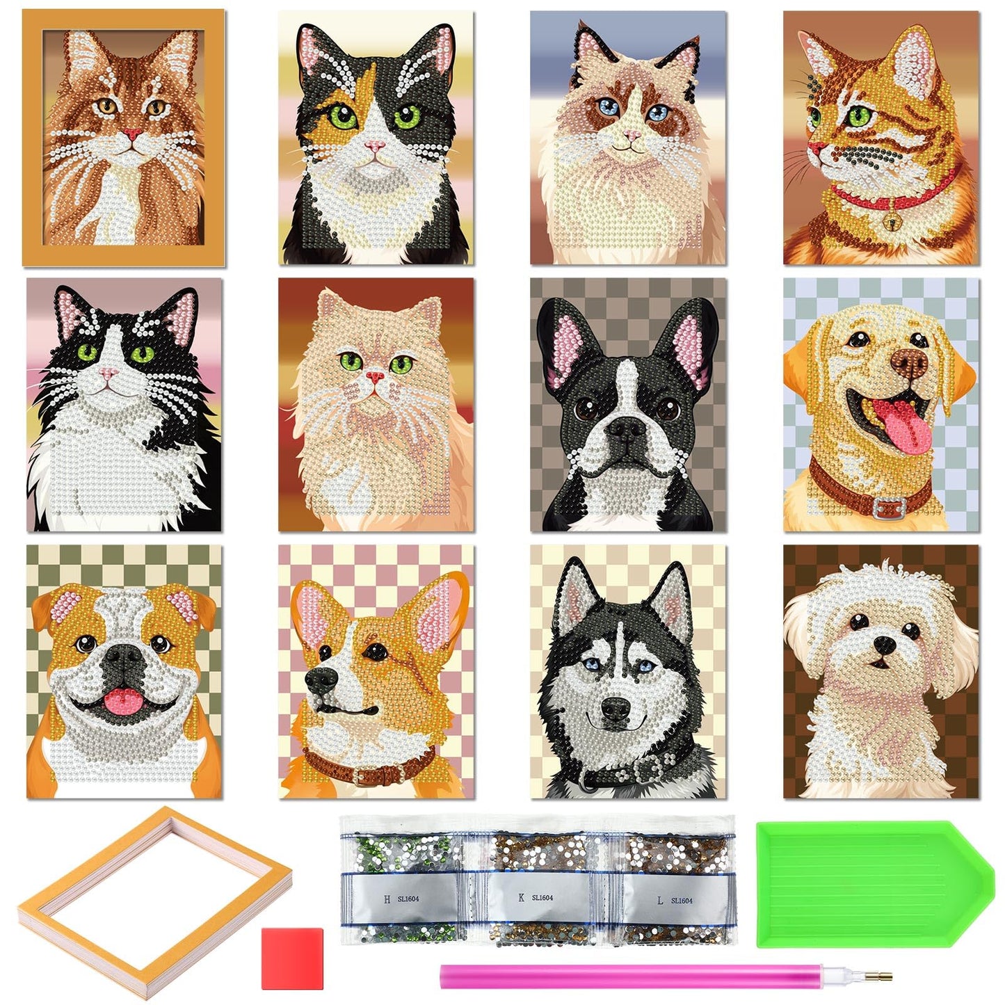 Saillong 24 Pcs Small Diamond Painting Kits Set Mini Diamond Art Set for Beginners, Full Paint Art 1-Hour Painting for Home Decor Desktop, 5.12x3.94 Inches(Cat and Dog)