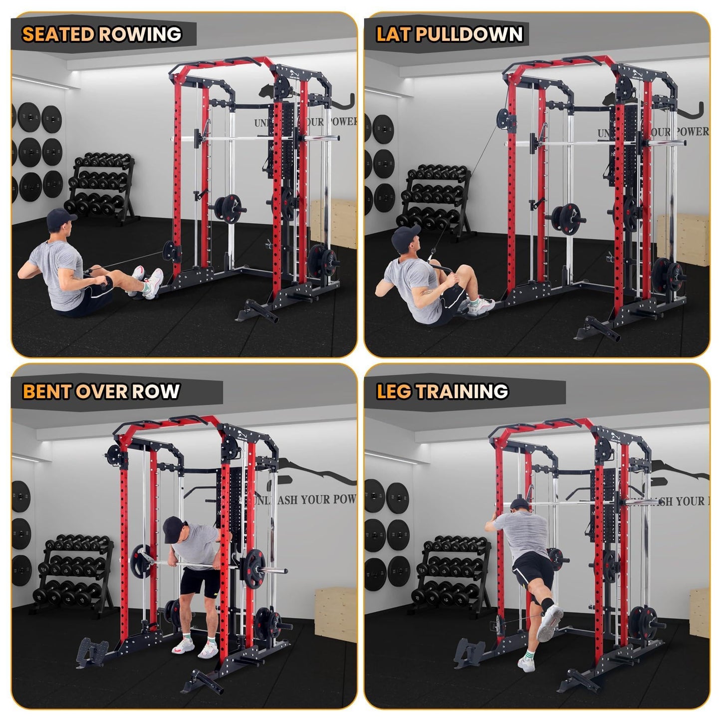Patikuin Heavy-Duty Power Cage Smith Machine – Multi-Functional Comprehensive Home Gym Rack with Cable Crossover, Dual Pulley, LAT Pulldown, Dip Bars, Tricep Rope – Space-Saving, Black-Red