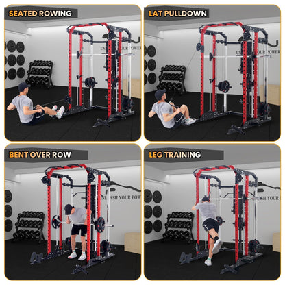 Patikuin Heavy-Duty Power Cage Smith Machine – Multi-Functional Comprehensive Home Gym Rack with Cable Crossover, Dual Pulley, LAT Pulldown, Dip Bars, Tricep Rope – Space-Saving, Black-Red