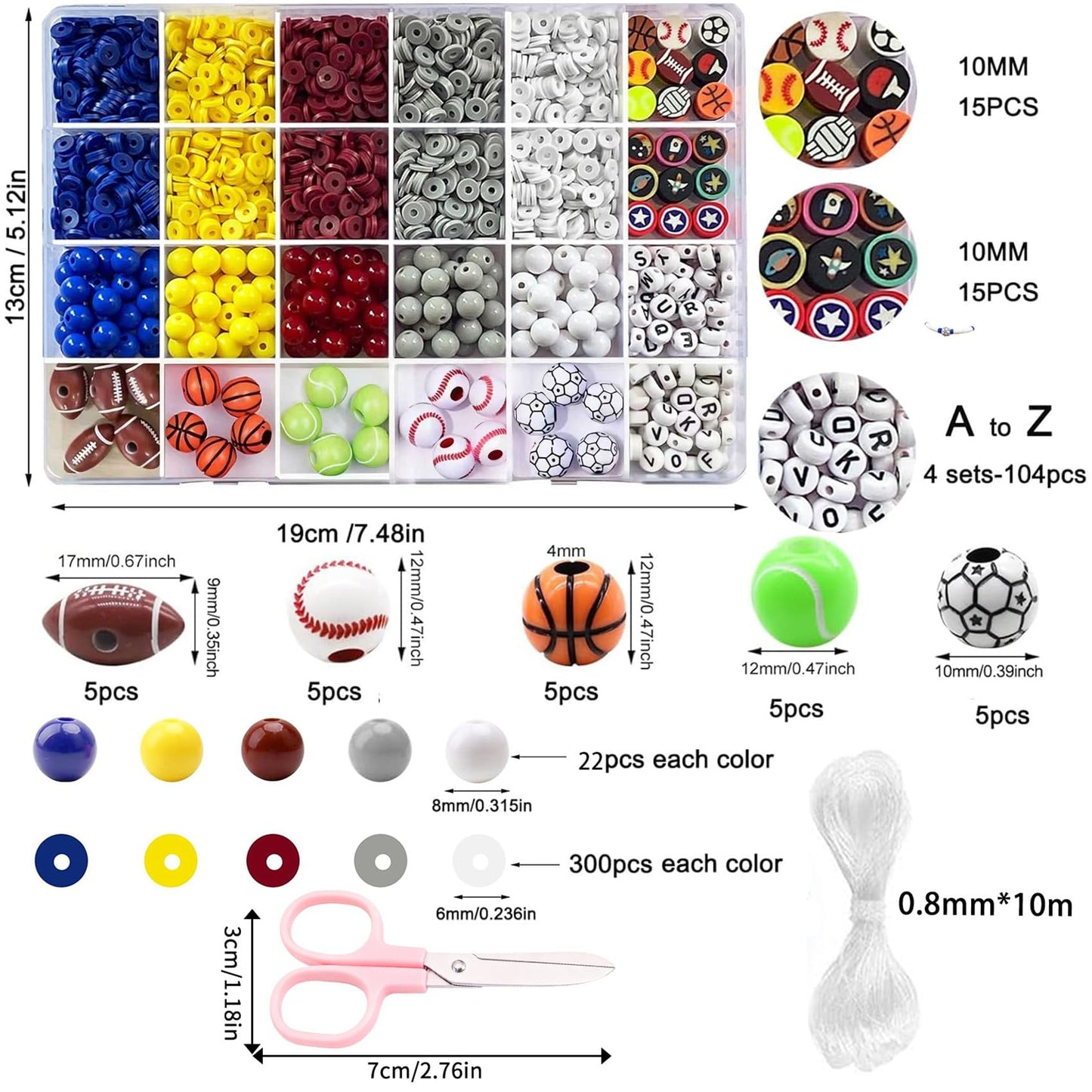 1769Pcs Acrylic Sports Ball Beads Kit for DIY Bracelet, Necklace & Jewelry Making, Letter Beads Volleyball Baseball Basketball Football Soccer Charms, Birthday Party Supplies Handmade Gifts