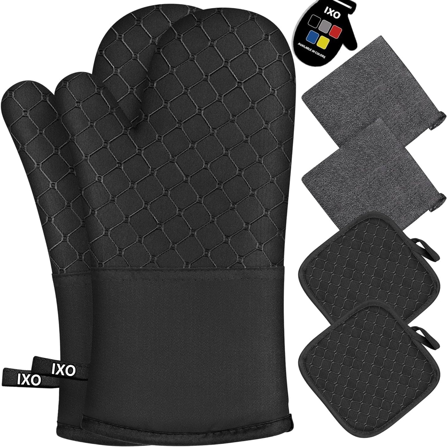 IXO 6Pcs Oven Mitts and Pot Holders, 500? Heat Resistant with Soft Cotton Lining and Non-Slip Silicone Surface