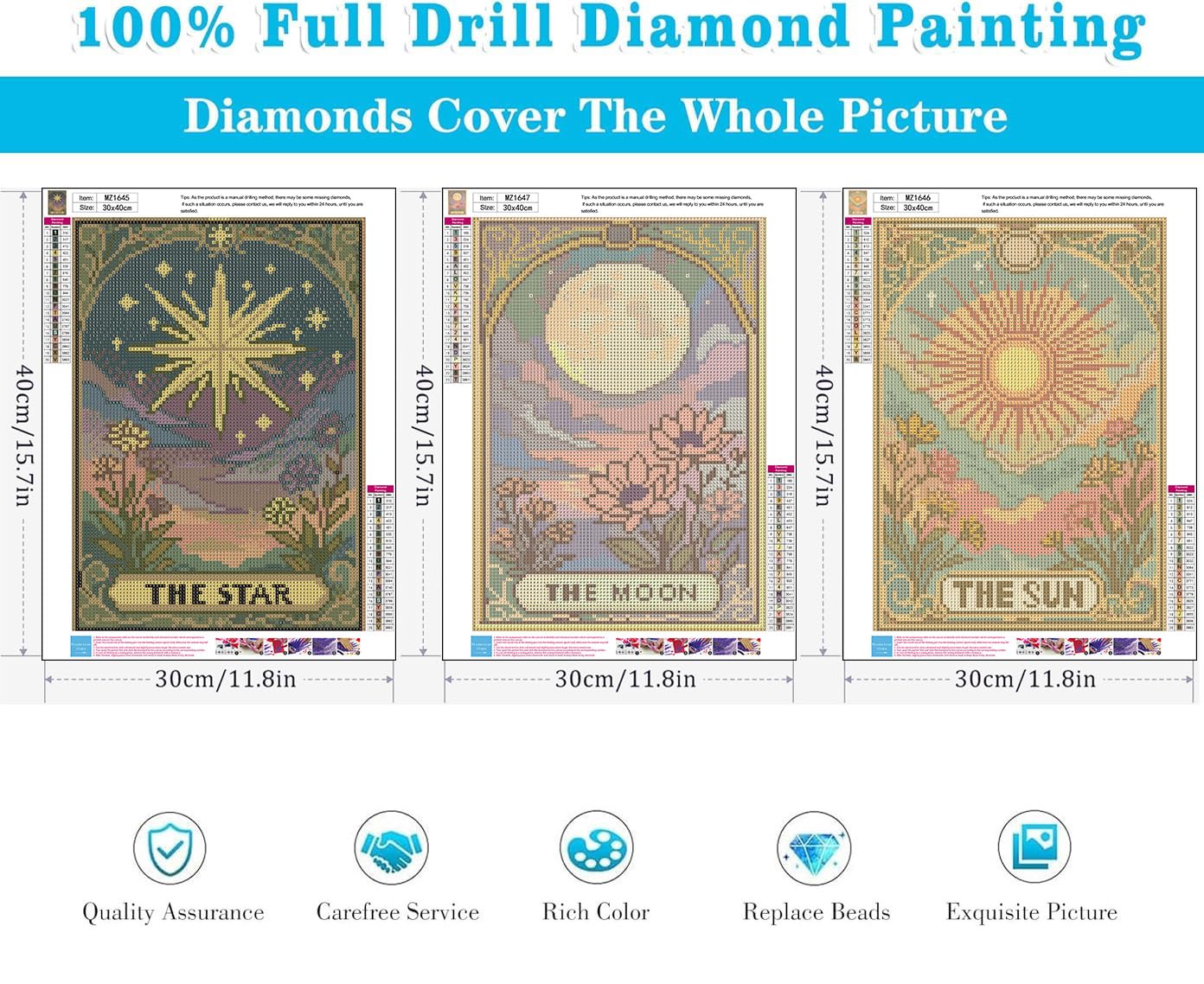 Zythron 3 Pack Tarot Diamond Art Kits for Adults,Sun Moon Star Diamond Painting Kits for Adults Beginner DIY 5D Full Drill Gem Art Painting Kit for Home Wall Decor Gifts 12x16 in