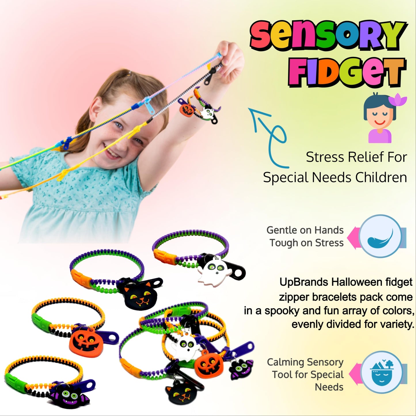UpBrands 48-Pack Halloween Fidget Bracelets for Kids – Bulk Zipper Toys, Goodie Bag Fillers, Classroom Prizes, Halloween Party Favor Treats