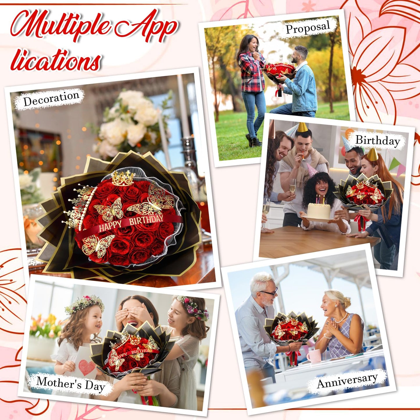 Thiccywoov 50 Pcs Glitter Roses Bouquet Graduation Artificial Rose DIY Flower Bouquet Kit Flower Wrapping Paper 3D Butterflies Crowns for Mom Mother Teacher Birthday (Red)