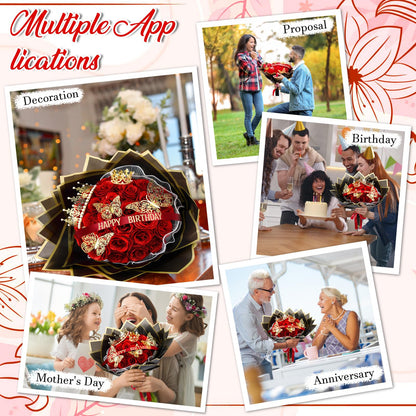 Thiccywoov 50 Pcs Glitter Roses Bouquet Graduation Artificial Rose DIY Flower Bouquet Kit Flower Wrapping Paper 3D Butterflies Crowns for Mom Mother Teacher Birthday (Red)