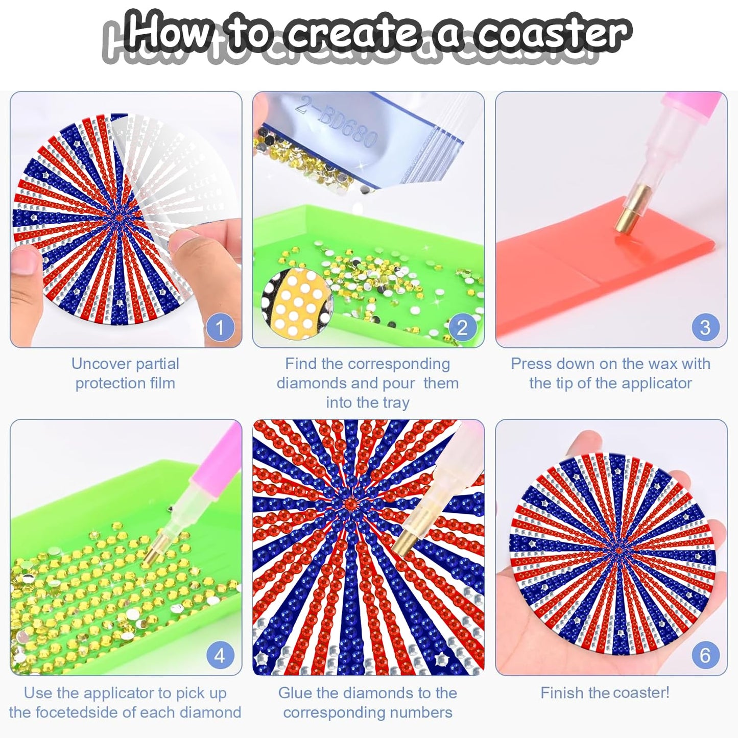 8 Pieces Patriotic Diamond Coasters with Holder DIY Cute 4th of July Diamond Art Coasters 5d Independence Day 5d Diamond Coasters for Beginners Adults Art Craft Supplies Gift