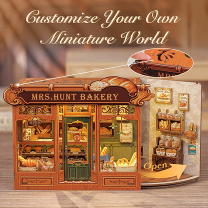 Fsolis Book Nook Kit - DIY Miniature House Kit for Adults Booknook 3D Wooden Puzzles Bookshelf Nook Decor Bakery Shop Model Gifts for Women Book Lovers (MRS.Hunt Bakery)