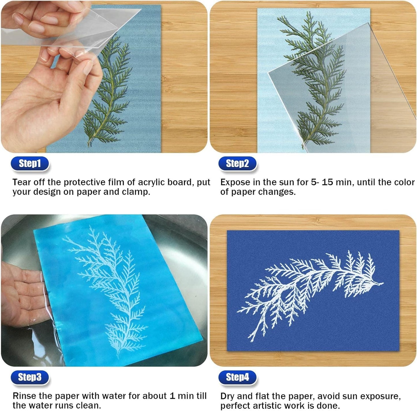 Sun Print Paper Kit Cyanotype Paper, 60 Sheets Cyanotype Papers with 1 Sheet Acrylic Panel, High Sensitive Nature Solar Activated Printing Art Supplies for Arts Crafts DIY Project