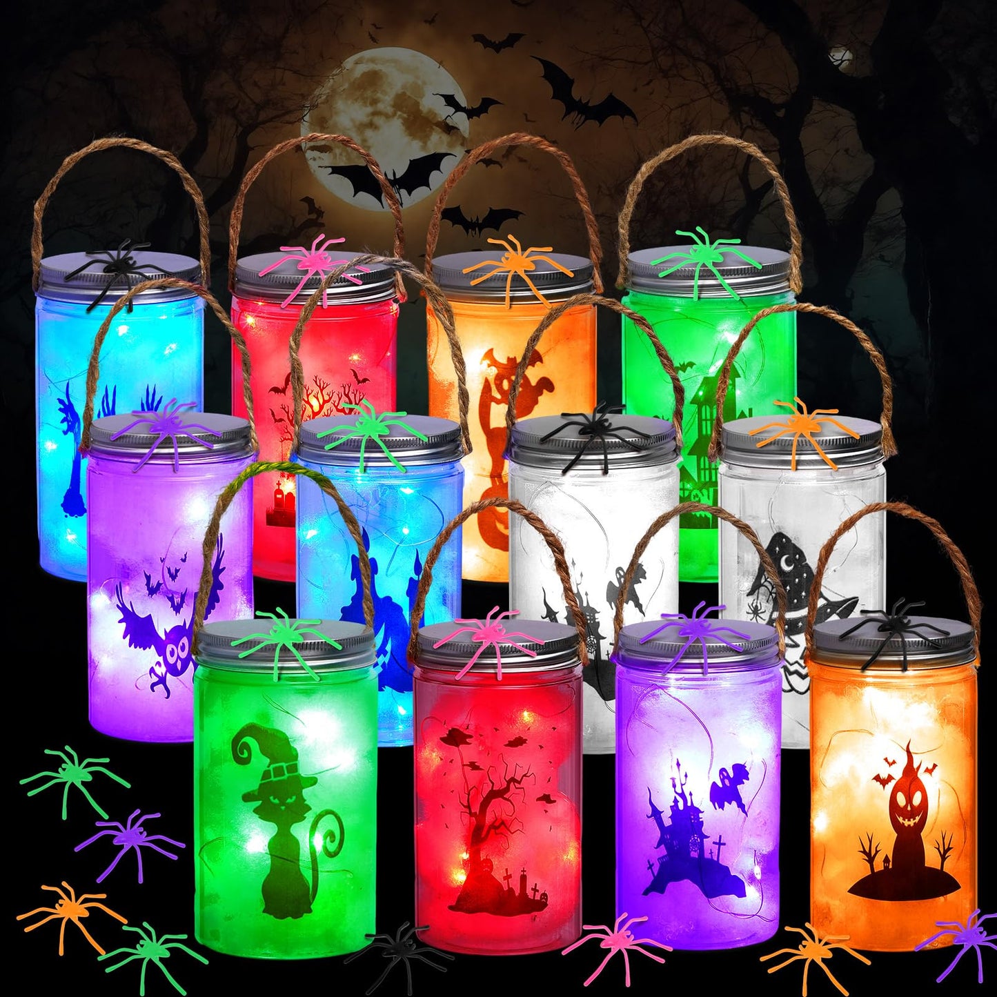 Willinglong 12 Pack Halloween DIY Lantern Jar Halloween Crafts Plastic Jar Craft Kit Decoration Indoor Outdoor Garden Home DIY Art Kit Project for Adult
