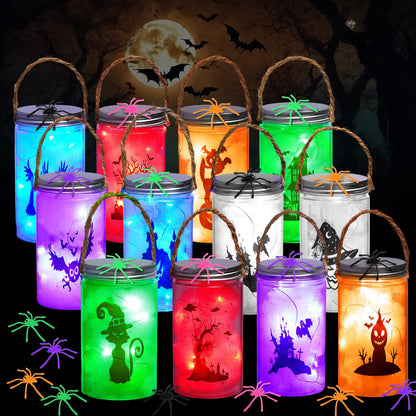 Willinglong 12 Pack Halloween DIY Lantern Jar Halloween Crafts Plastic Jar Craft Kit Decoration Indoor Outdoor Garden Home DIY Art Kit Project for Adult