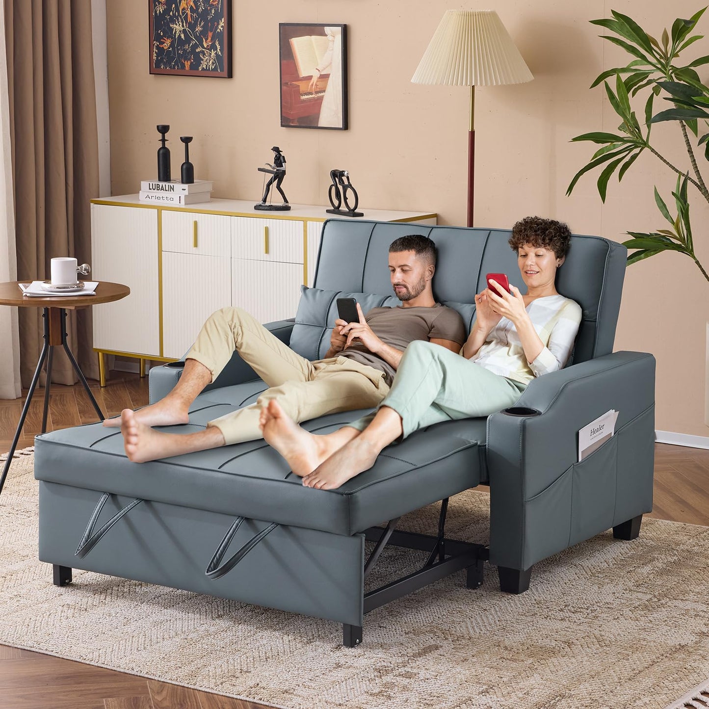 VINGLI Blue Grey Futon Sofa Bed Convertible Loveseat Sleeper Couch, Faux Leather Pullout Sofa Fold Out Couch Bed with USB Ports, Cup Holders, Armrest for Living Room, Bedroom Apartment Room