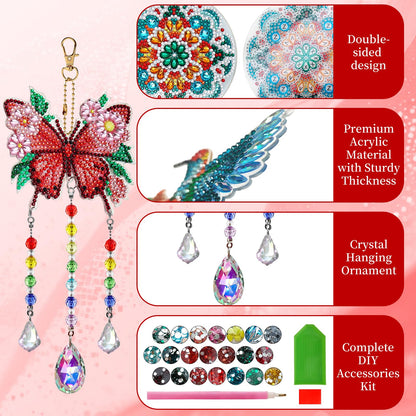 Dqwtb 3pcs Diamond Art Kits for Kids Teens Adults Double-Sided DIY Diamond Painting Hanging Ornaments with Crystal Prisms Butterfly Hummingbird Mandala Sun Wind Chimes for Home Garden Decor