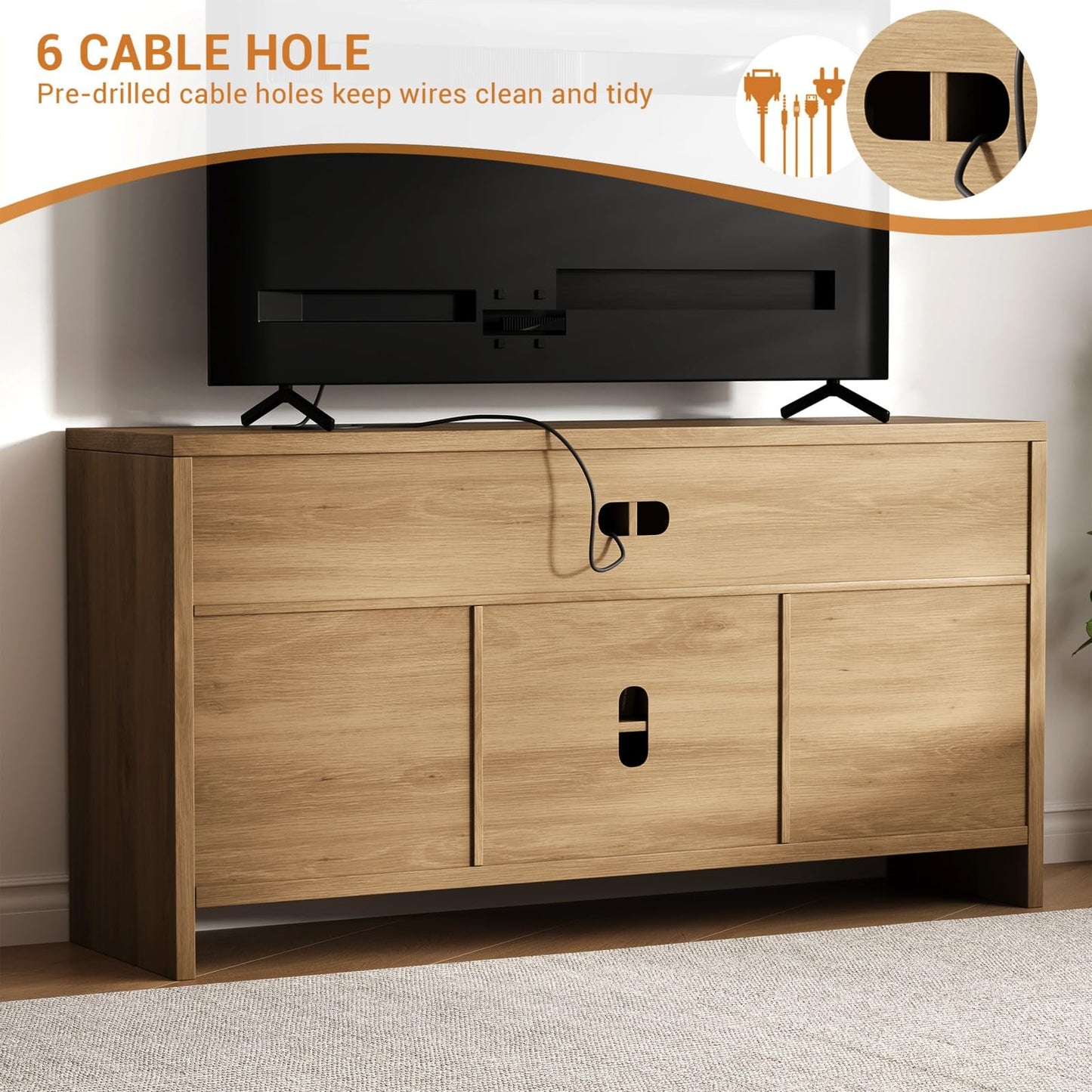 GarveeHome Boho TV Stand for TV Up to 65 in,58" Modern Rattan Entertainment Center with Storage and Adjustable Shelves,Wooden TV Console Cabinet with Doors for Living Room/Bedroom/Farmhouse(Brown)
