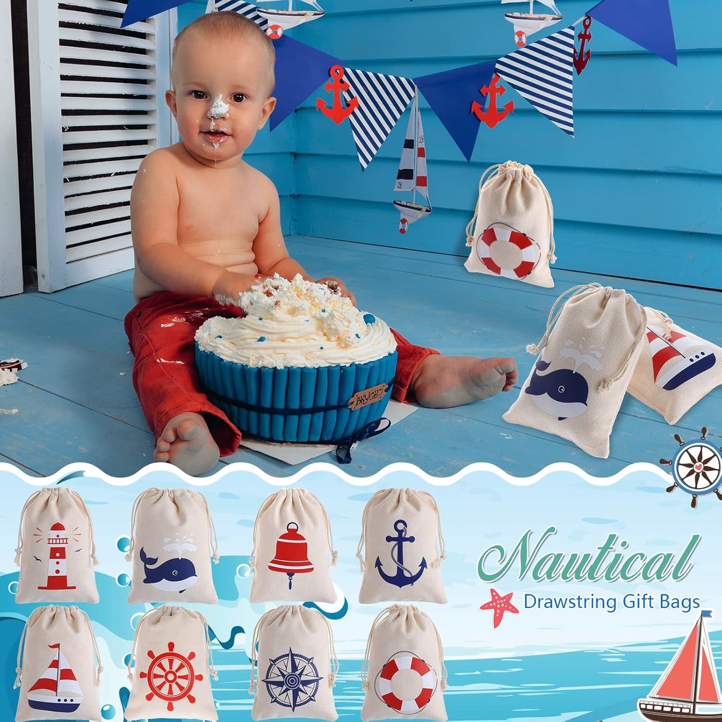 24 Pack 7 5 inch Shellwei Nautical Gift Bags Cotton Nautical Anchors Drawstring Bags Themed Favor Boat Goodie x