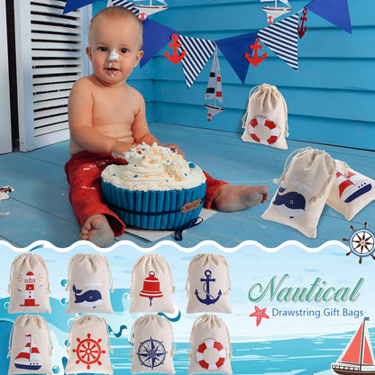 24 Pack 7 5 inch Shellwei Nautical Gift Bags Cotton Nautical Anchors Drawstring Bags Themed Favor Boat Goodie x