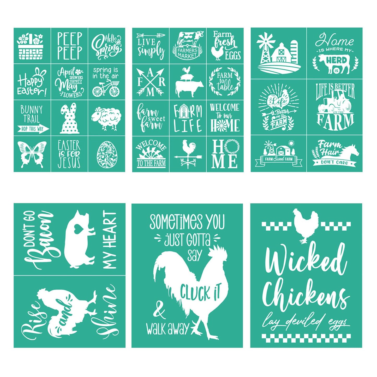 BOOLOOEN Farmhouse Silk Screen Stencil 6pcs,Farm Animals Theme Silk Screen Stencil Self-Adhesive Stencils Reusable for Wood, Pillow, Wall DIY Home Decor 8.5 * 11inch