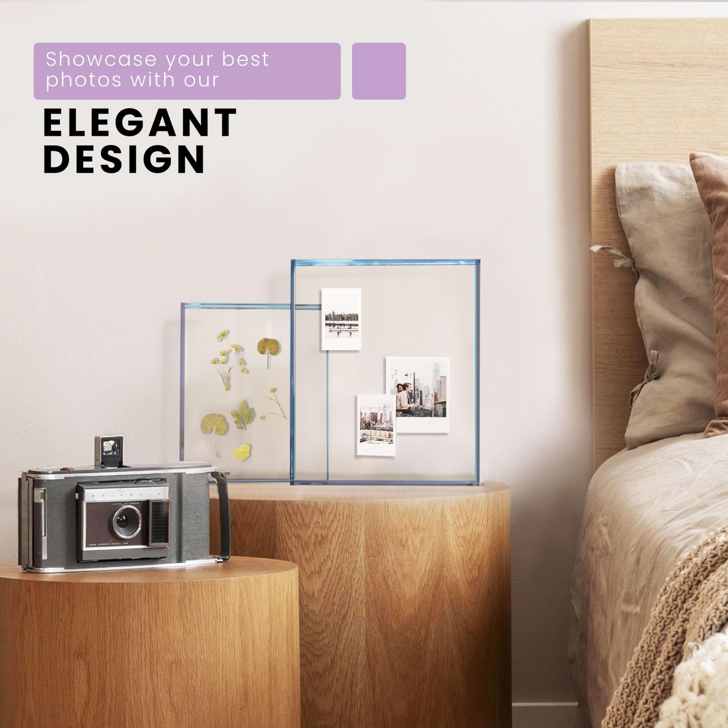 Elil 5x7 Acrylic Picture Frame – Blue Floating Polaroid Fujifilm Instax Display 8.3" x 7.6" Holds 5x7 Photo or 6 Mini or Go Print Double-Sided Collage for Desk Wedding Anniversary Graduation